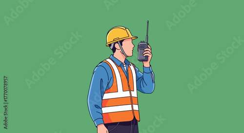 Construction Worker Communicating with Walkie-Talkie on Green Background.