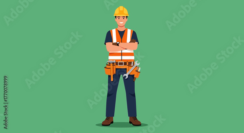Construction Worker Standing with Arms Crossed Wearing Safety Gear.