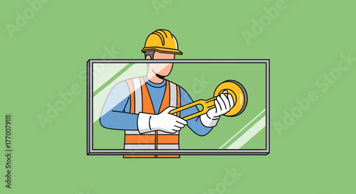 Illustration of a worker installing a glass panel with a suction cup.