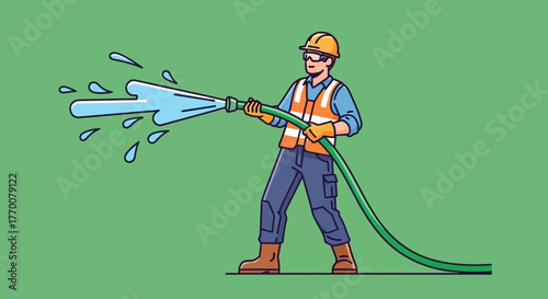 Construction Worker Using Hose to Spray Water with Force.