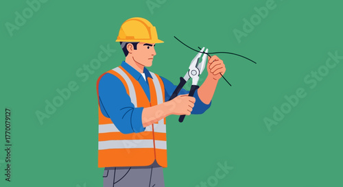 Electrician Cutting Wires with Pliers Wearing Safety Gear.