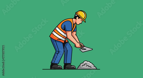 Construction Worker Applying Mortar with Trowel, Wearing Safety Gear.