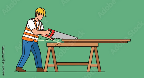 Carpenter cutting wood with hand saw on trestle table.