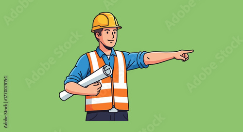 Construction Worker with Blueprint Pointing Forward.