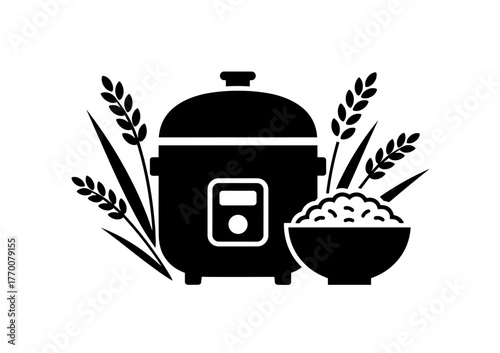 A simple black and white illustration of a rice cooker with a bowl of rice and rice plants around it