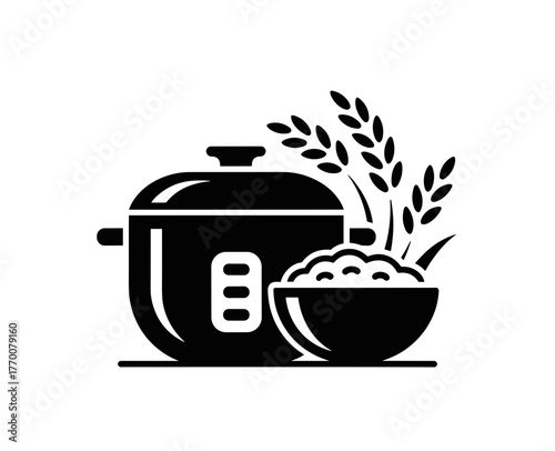 A black and white illustration of a rice cooker, bowl of rice, and wheat stalks for food concepts.