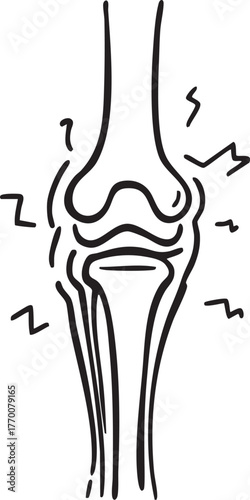 Black and white knee joint with pain symbols, minimalist vector for anatomy, injury, arthritis, and medical awareness