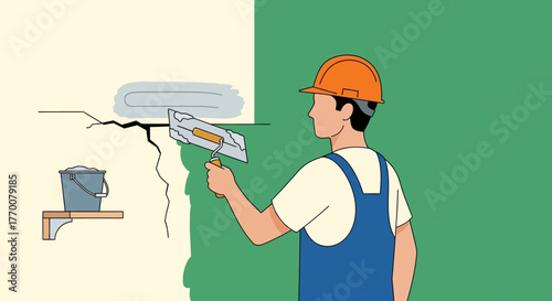Man Repairing Wall Cracks with Trowel and Plaster.