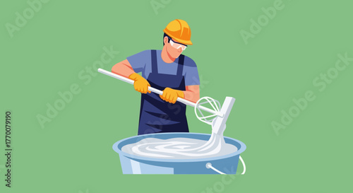 Construction Worker Mixing Cement in a Bucket with a Tool.