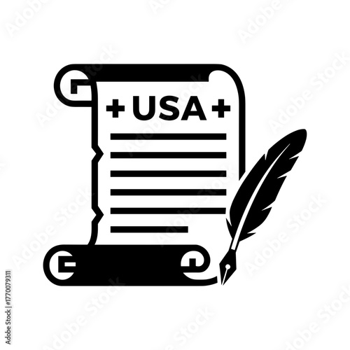 Illustration of a declaration of independence scroll with a feather pen, vector graphic design style.