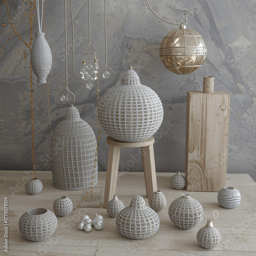 Modern Decorative Ceramic Vases and Ornaments on Wooden Table