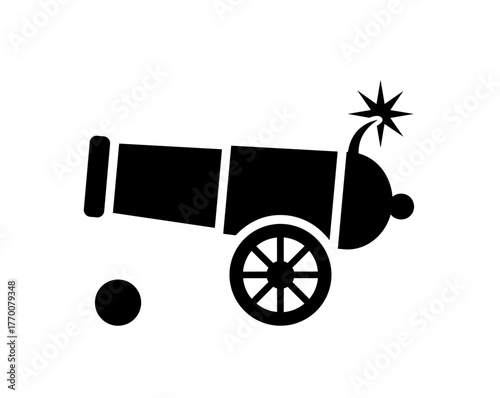a black and white image of a cannon with a bomb and ball, perfect for military or historical designs