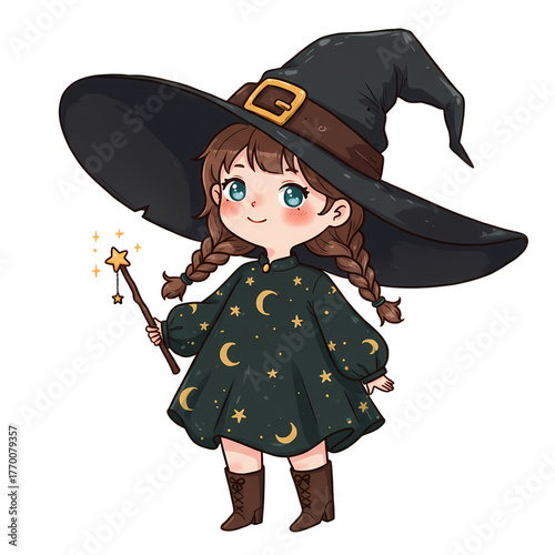 Cute cartoon witch girl with a magic wand wearing a hat and dress with moons on transparent background