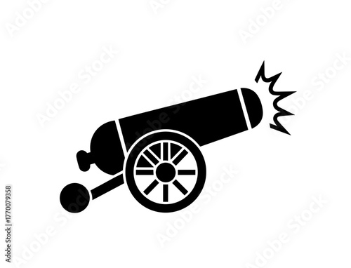 a black cannon with a wheel is shown firing a blast, perfect for historical or military themed designs