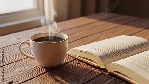 Steaming coffee next to an open book sits on a weathered wooden table near a window