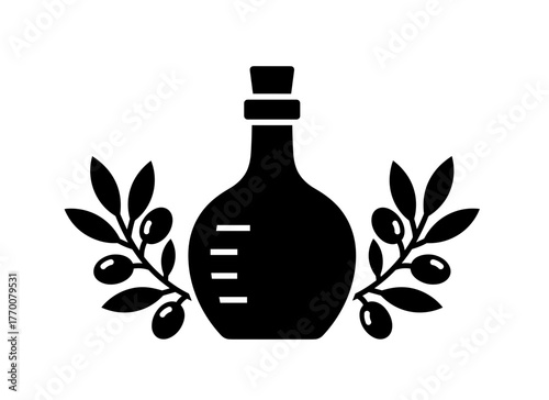 An olive oil bottle with olive branch illustration, perfect for organic food and healthy lifestyle designs