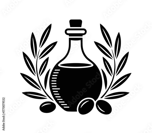 A simple vector illustration of an olive oil bottle with olive branches, perfect for your design projects