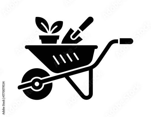 A black and white vector icon of a wheelbarrow with a plant and shovel for gardening and agriculture.