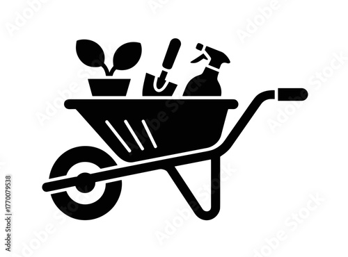a black and white illustration of a wheelbarrow filled with gardening tools, a plant, shovel and sprayer