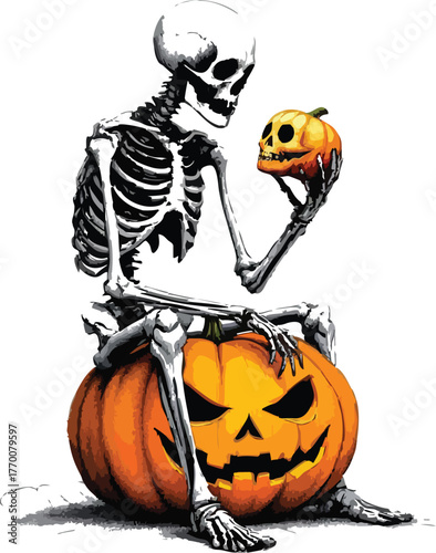 Halloween skeleton sitting on carved pumpkin holding spooky jack-o-lantern, festive vector illustration