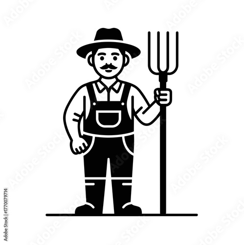 a farmer in overalls and a hat holding a pitchfork ready to work hard on the farm in the countryside