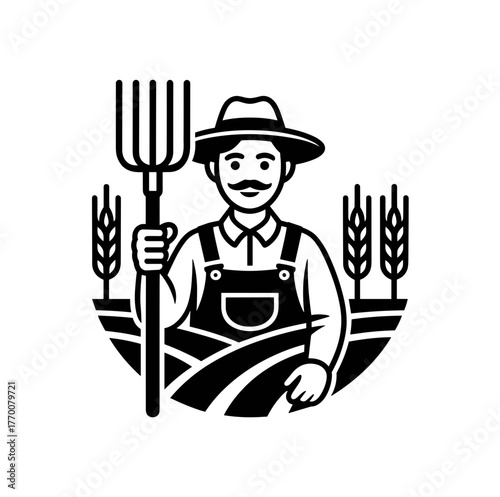 A farmer stands in his field with a pitchfork ready to harvest the crops in this agricultural scene