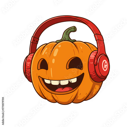 Cartoon pumpkin wearing headphones and smiling for halloween themed design element on transparent background