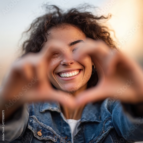 Happy young woman making heart shape with hands smiling in sunny outdoor setting, denim jacket, curly hair, joyful expression, celebrating love, connection, positive emotions, carefree lifestyle