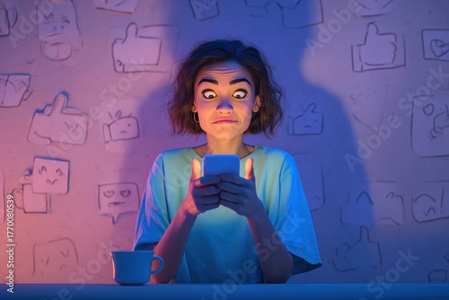 Young woman experiencing mixed emotions while reading messages on smartphone social media night anxiety stress digital addiction colorful background modern lifestyle