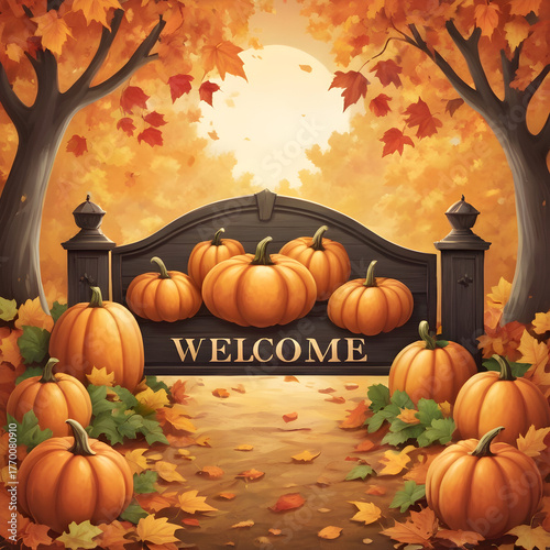 Autumn Welcome Gate Decorated with Pumpkins, Flowers, and Glowing Jack-o'-Lanterns