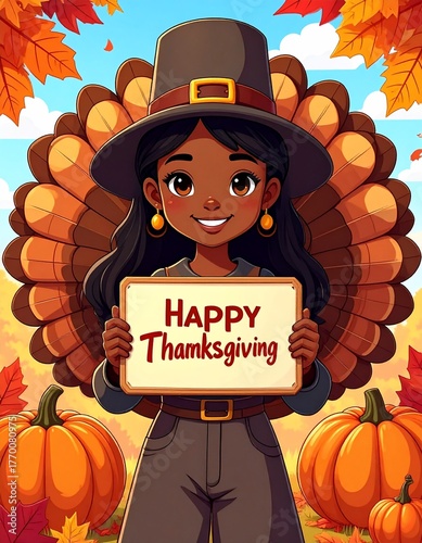 Happy Thanksgiving Cartoon Illustration with Turkey and Pumpkins