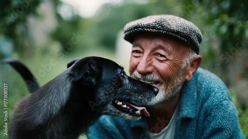 Happy healthy centenarians elderly man with dog smiling and laughing in garden radiating warmth companionship