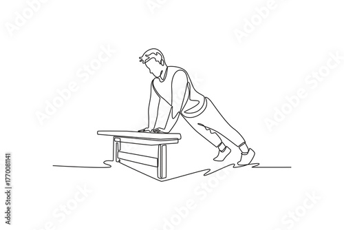Continuous one line drawing young man is performing incline push-up using weight bench, illustrating chest strength and focused upper body workout. Single line draw design vector graphic illustration