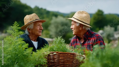 Healthy centenarian farmers harvesting herbs sunlit garden smiling sharing memories two elderly farmers smiling surrounded by