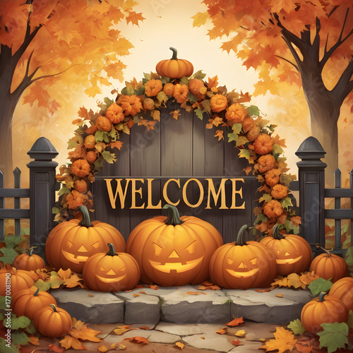 Autumn Welcome Gate Decorated with Pumpkins, Flowers, and Glowing Jack-o'-Lanterns