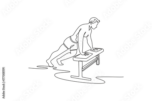 Continuous one line drawing young man is performing an elevated push-up using weight bench, illustrating chest strength, focused upper body workout. Single line draw design vector graphic illustration