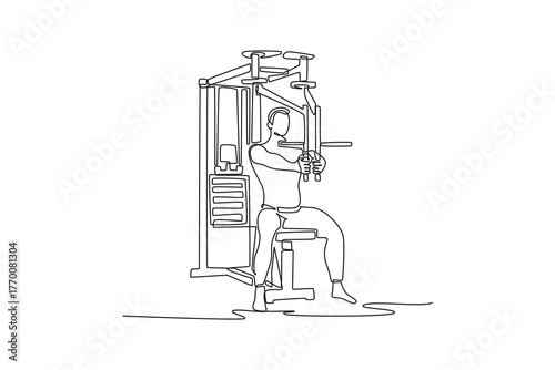 Continuous one line drawing young man doing seated chest press exercise on gym machine, focused upper body strength and disciplined fitness workout. Single line draw design vector graphic illustration