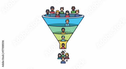 Illustration of a sales funnel showing people being filtered down to a smaller group.