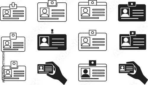 Black and White ID Card Icon Set with Handheld Badge Variations for Identification, Access Control, Security, Verification, and UI Design