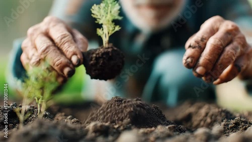 Healthy centenarians gardener planting seedling fertile soil outdoors with elderly hands nurturing soil and caring for young