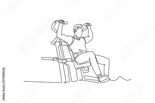 Continuous one line drawing young man performing seated shoulder press on gym machine, focused upper body strength and disciplined fitness workout. Single line draw design vector graphic illustration