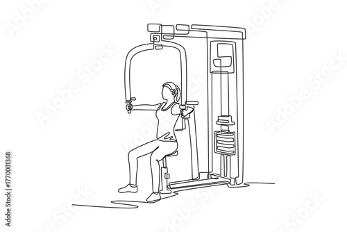 Single continuous line drawing woman performing seated chest fly exercise on gym machine, focused upper body strength and disciplined fitness workout. One line draw graphic design vector illustration