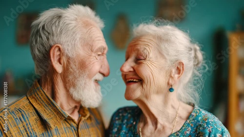 Elderly couple smiling portrait home healthy senior centenarians joyful smiling together sharing warm cozy domestic affectionate