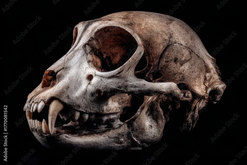 Obraz premium Realistic depiction of a Lemur catta skull showcasing the intricate details and structure of this primate's skeletal remains under controlled lighting conditions