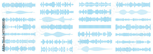 Podcast sound waves. Audio waveforms line icons, sound wave frequency or voice microphone signals. Music, podcast and broadcast, UI and audio branding design. Isolated vector set