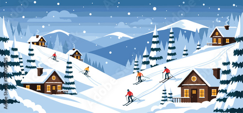 Snowy mountain village with wooden cabins, skiing people, glowing windows, pine trees, falling snowflakes, serene winter adventure landscape illustration.