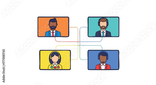 Illustration of a virtual meeting with four diverse participants connected online for a video conference.