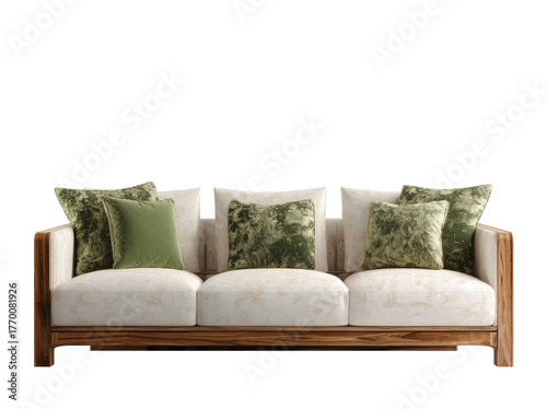 Modern sofa, white cushions, patterned green pillows, dark wood frame