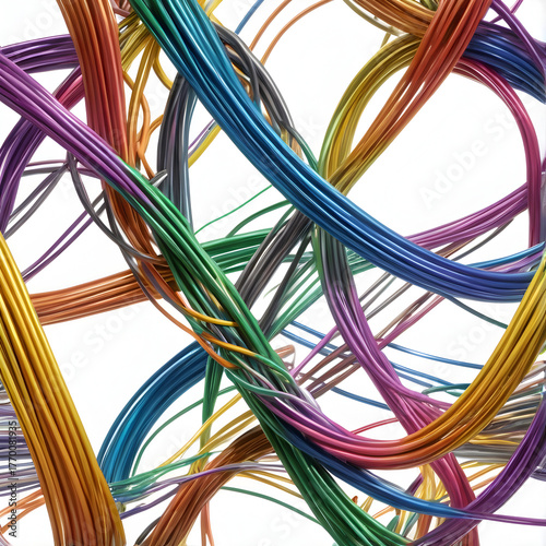 Colorful Intertwined Cables on White Background Forming Abstract Pattern