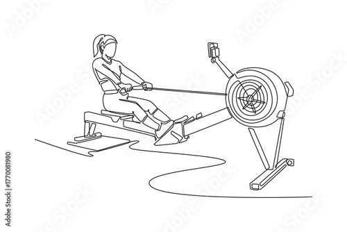 Single continuous line drawing active woman is performing full-body cardio workout on rowing machine. Endurance, focus, and dynamic fitness training. One line draw graphic design vector illustration